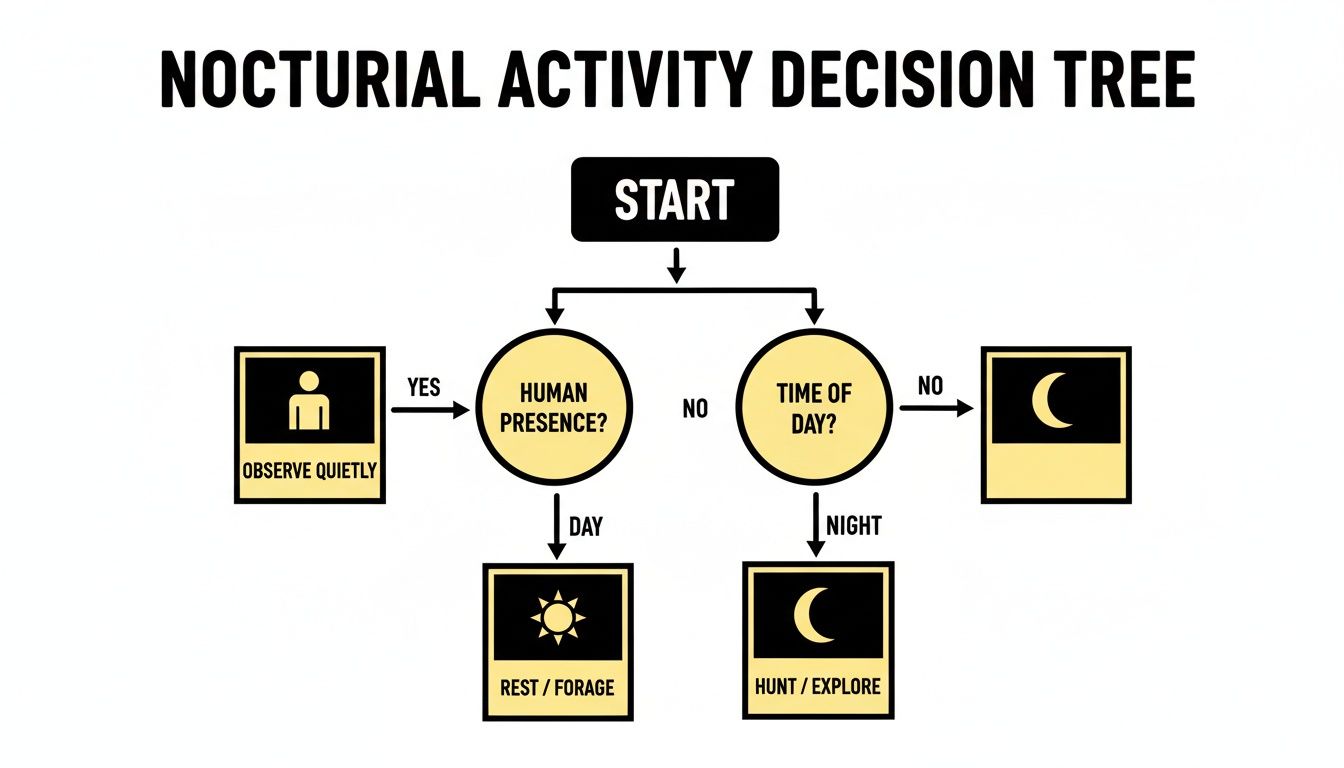A nocturnal activity decision tree showing choices based on human presence and time of day.
