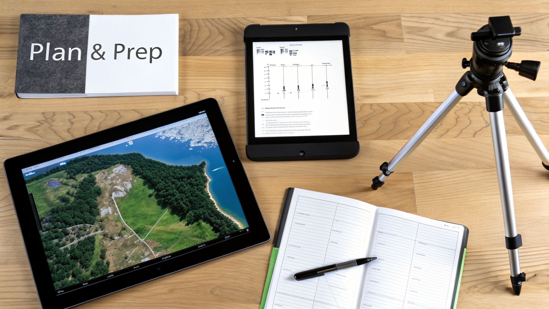 Workspace with 'Plan & Prep' book, two tablets, a notebook with pen, and a camera tripod.