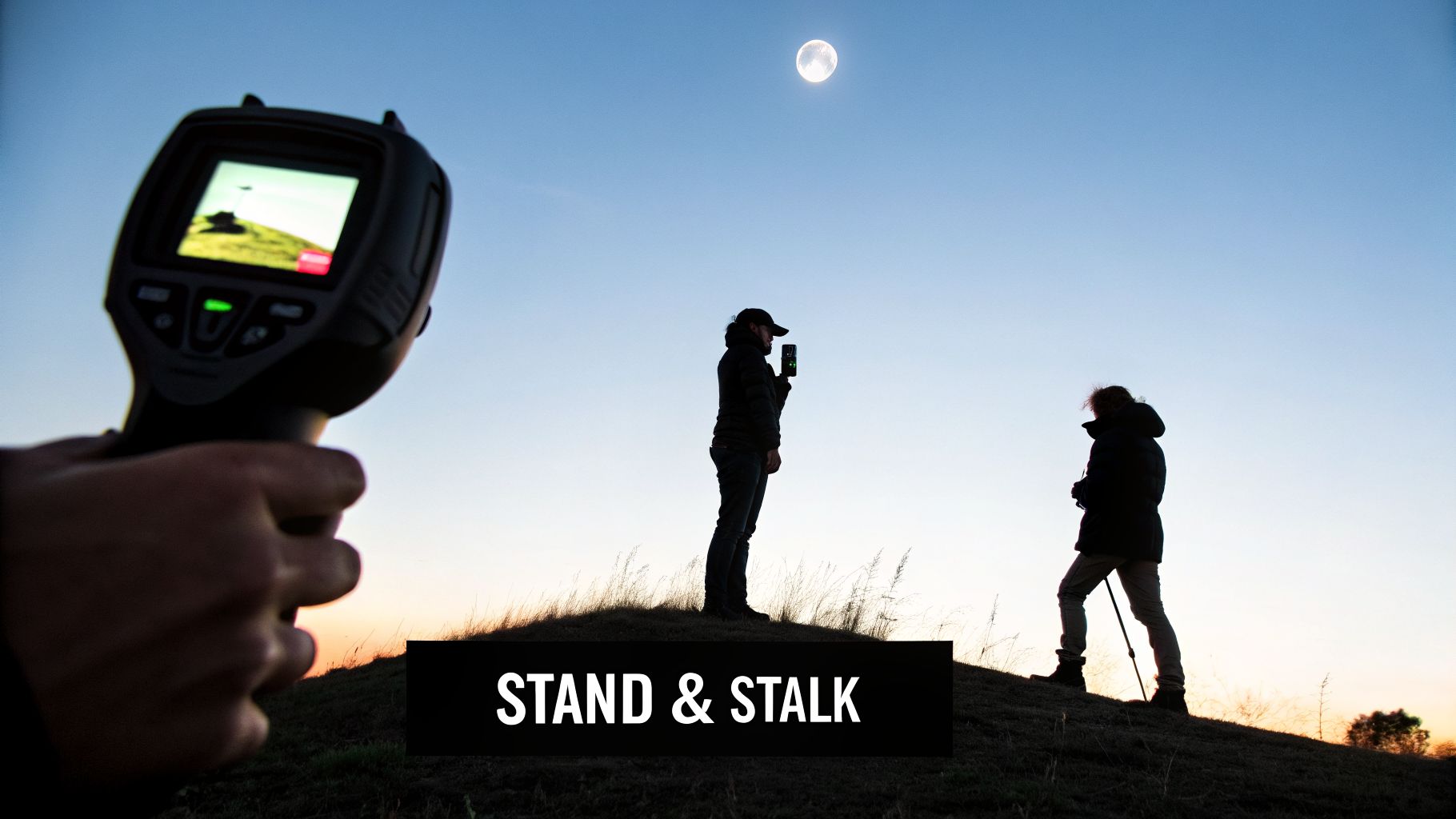 Two people in silhouette on a hill at night, one holding a thermal imager, under a full moon.