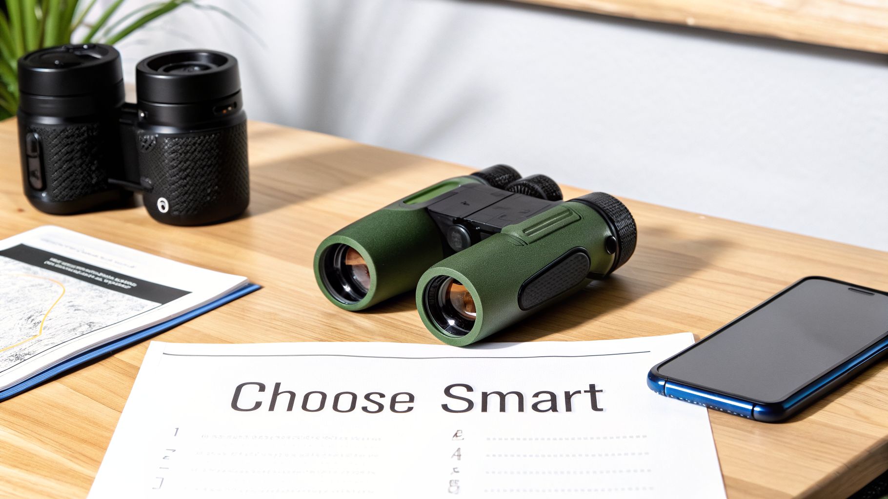 Green binoculars, a smartphone, black tech devices, and documents on a light wooden desk.