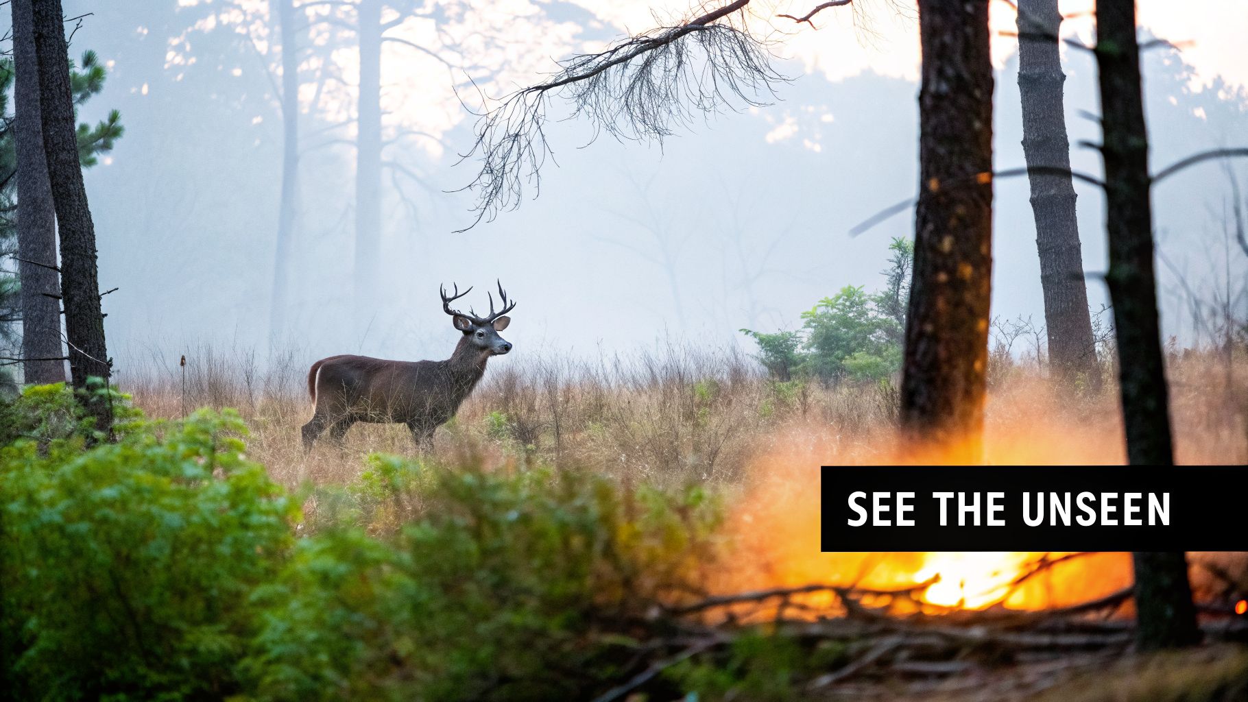 A majestic deer with antlers in a misty forest, standing near a controlled fire.