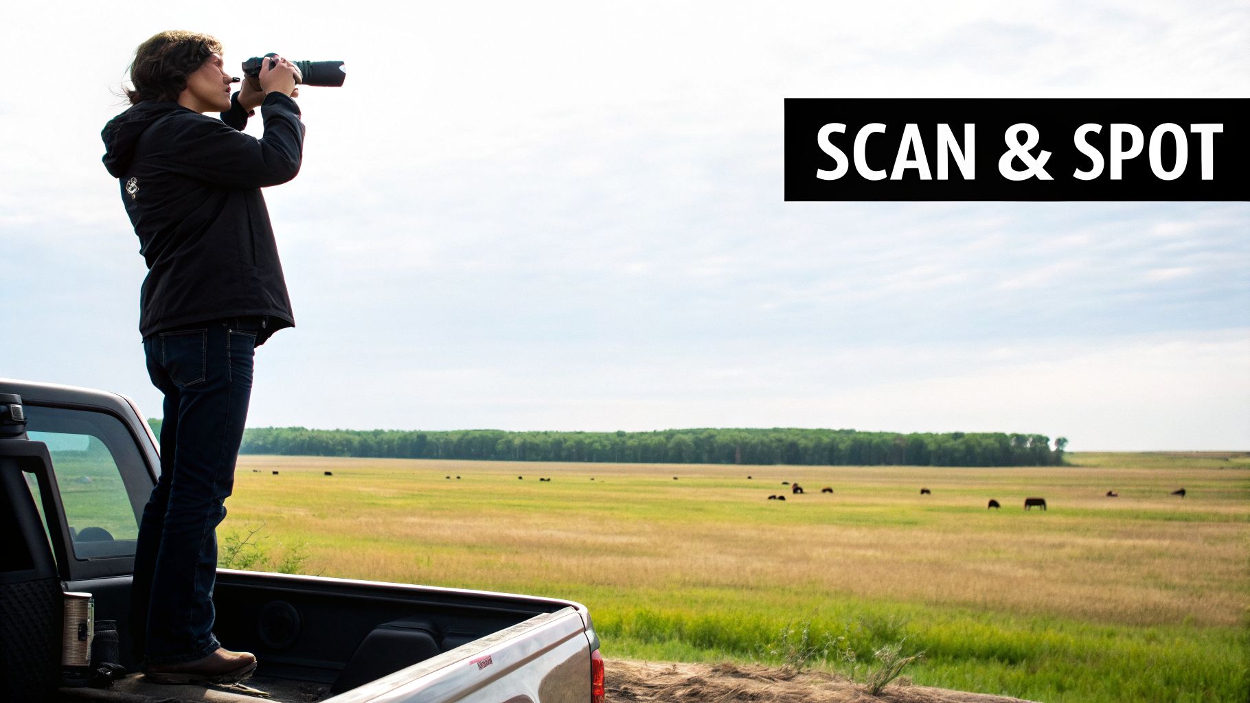 Person stands on a pickup truck, using a camera with a telephoto lens to observe a field with cattle.
