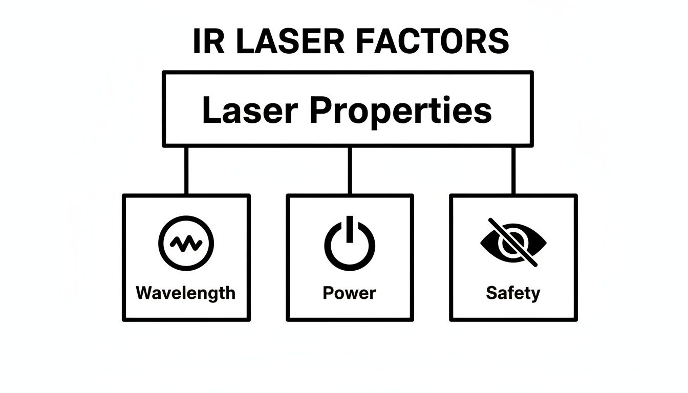 Flowchart illustrating infrared laser properties: wavelength, power, and safety factors.