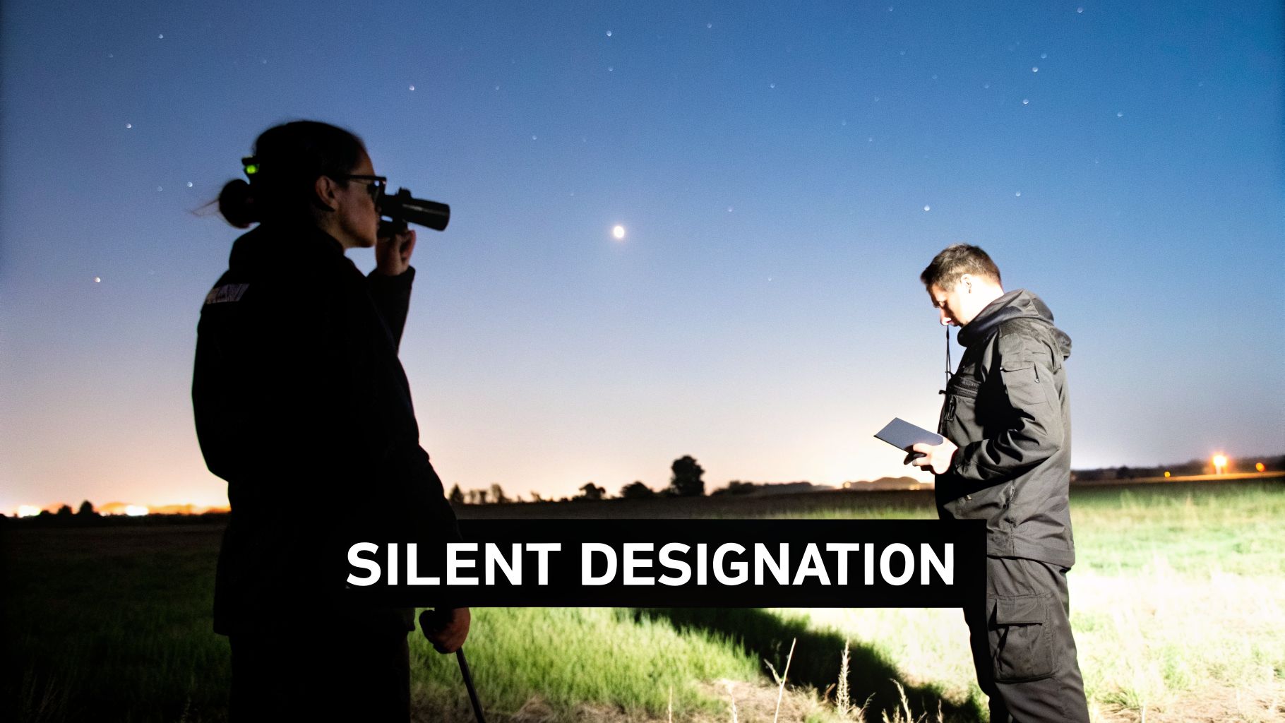 Two individuals observe the night sky and consult a tablet in a field.