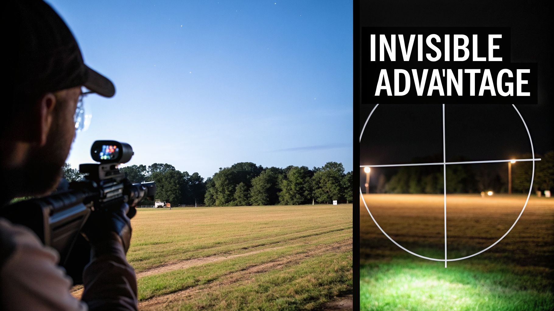 A person aiming a rifle with an optic at a field under a night sky, contrasted with a night vision scope view and "INVISIBLE ADVANTAGE" text.