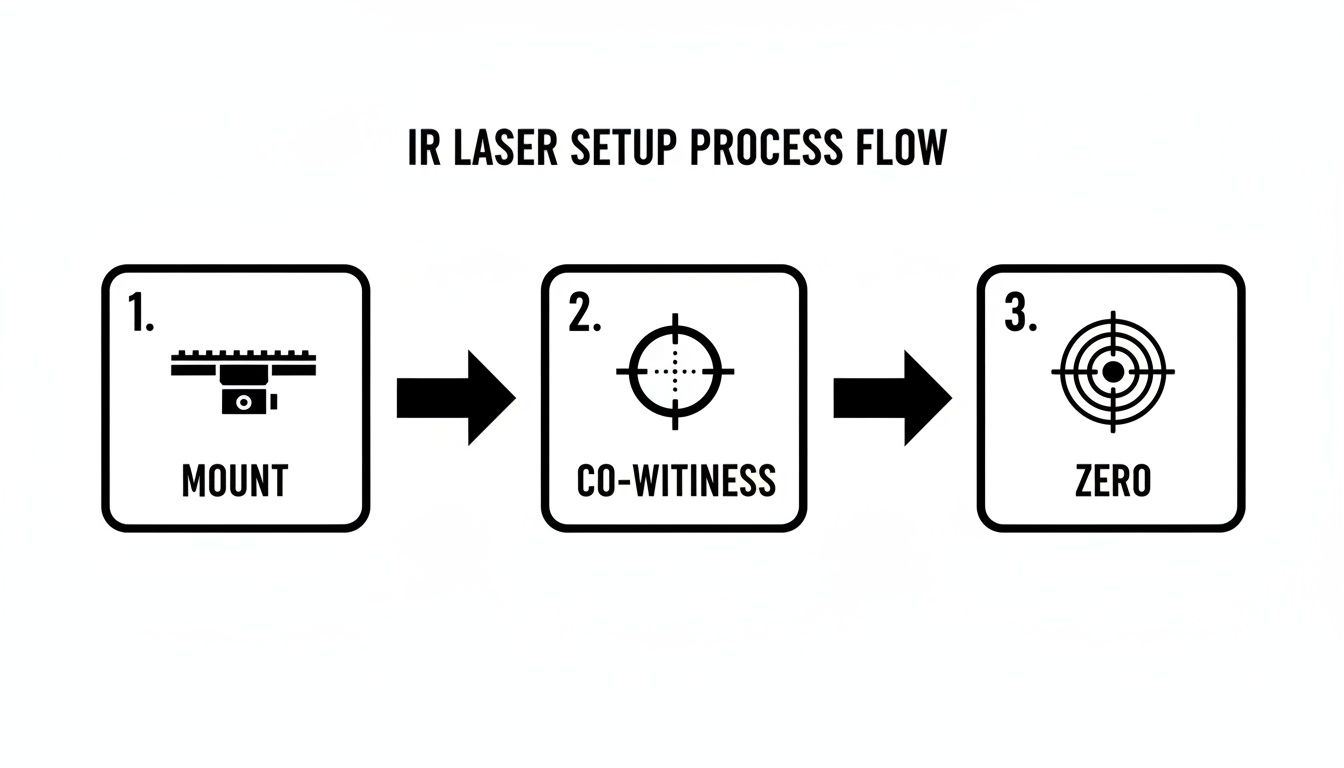 A visual flowchart outlining the three-step IR laser setup process: mount, co-witness, and zero.