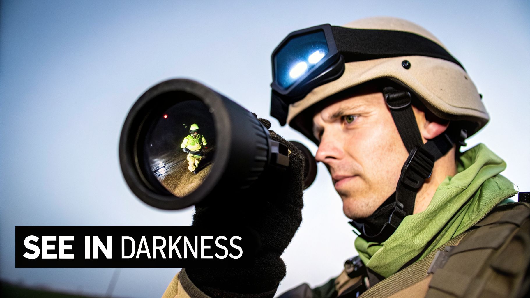 A soldier in tactical gear uses a monocular to observe a person in a bright suit, demonstrating night vision.