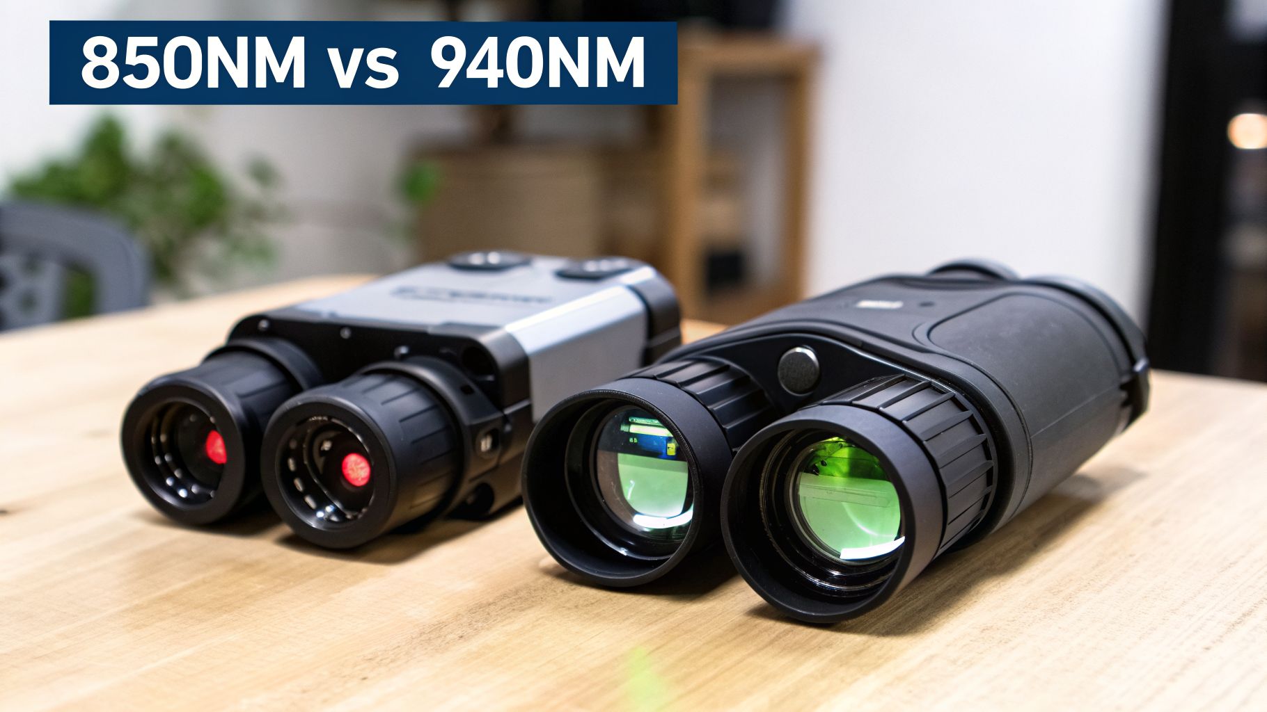 Two night vision binoculars, 850NM (grey) and 940NM (black), on a wooden table.