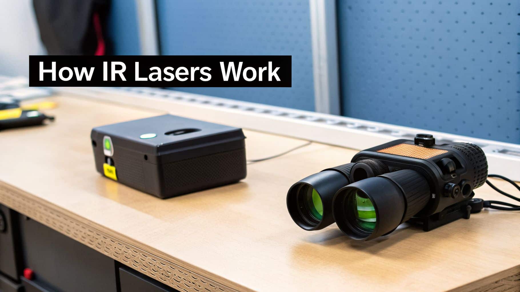 A black infrared laser device and night vision binoculars sit on a wooden desk.