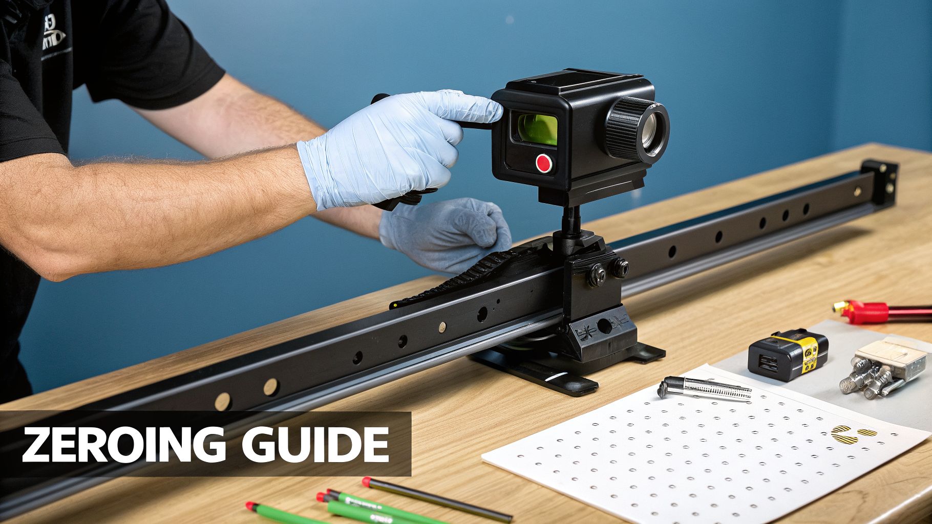 Hands in blue gloves adjust an IR laser pointer on a precision linear rail, with tools nearby.