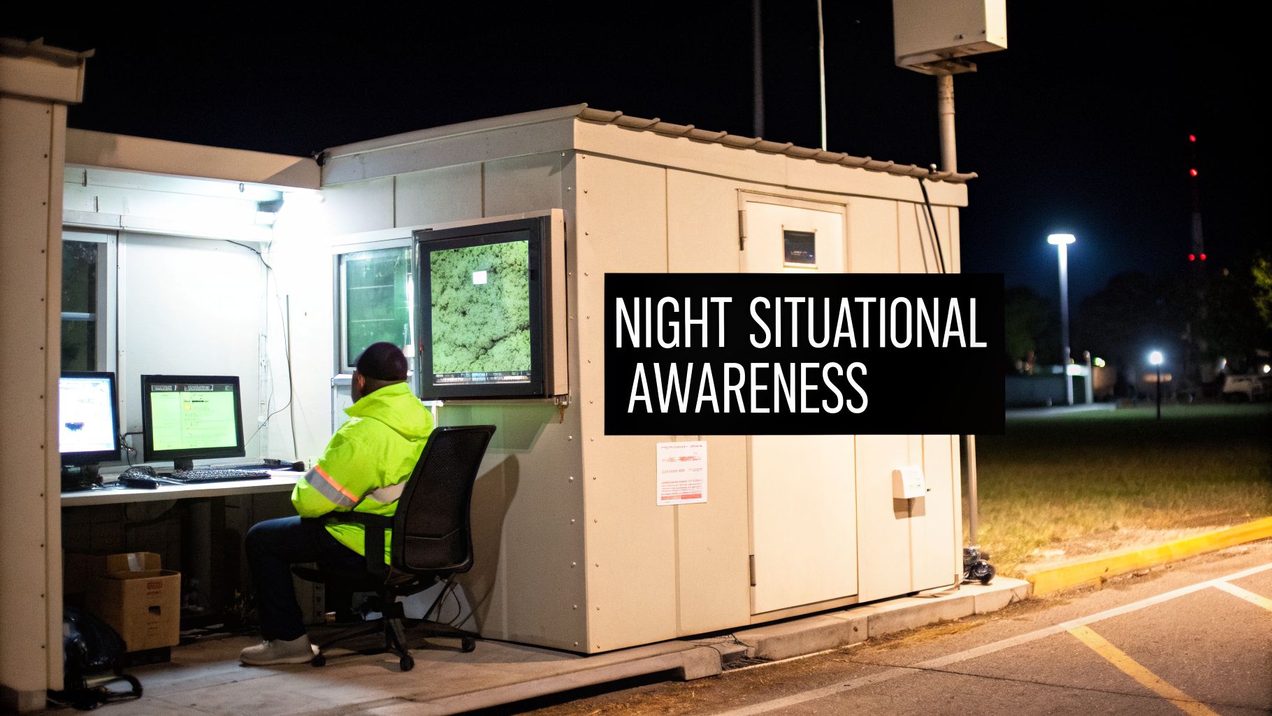 A person in a safety jacket monitors computers in a night operations booth, showing situational awareness.