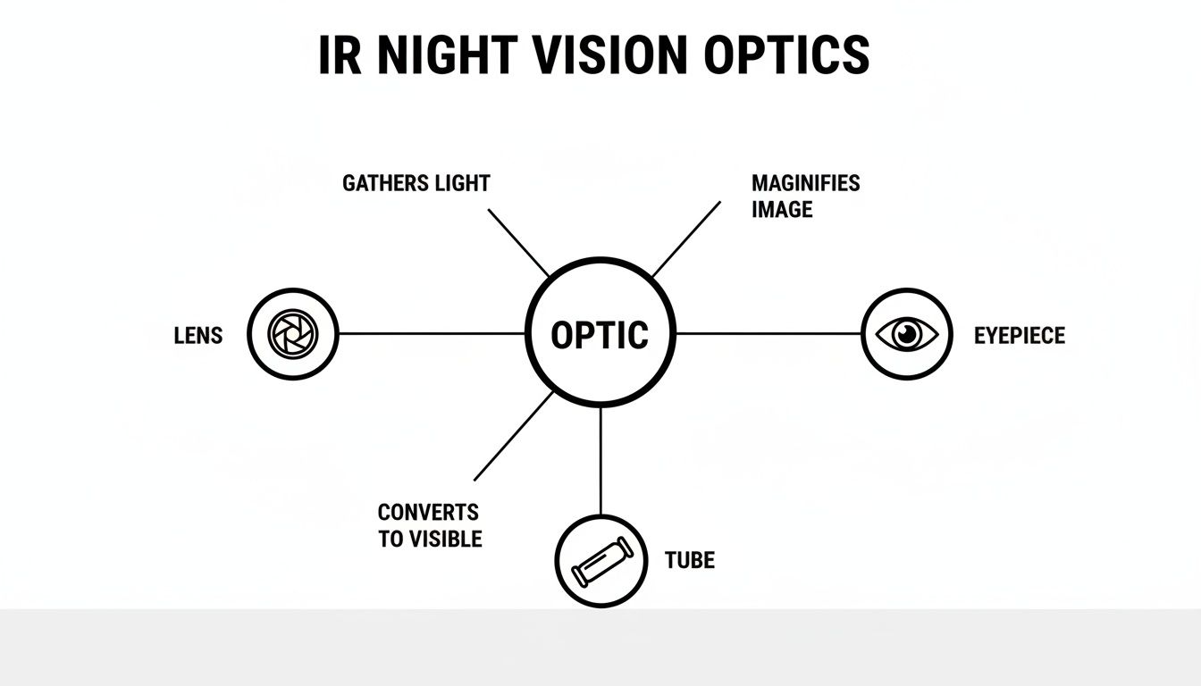 A diagram illustrating the components and functions of IR night vision optics, showing lens, optic, eyepiece, and tube.