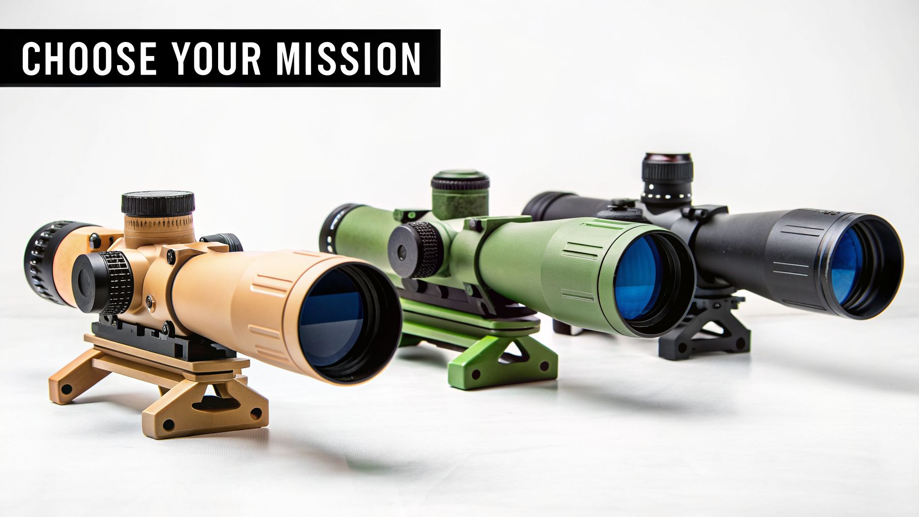 Three tactical rifle scopes in tan, green, and black, displayed with 'CHOOSE YOUR MISSION' banner.