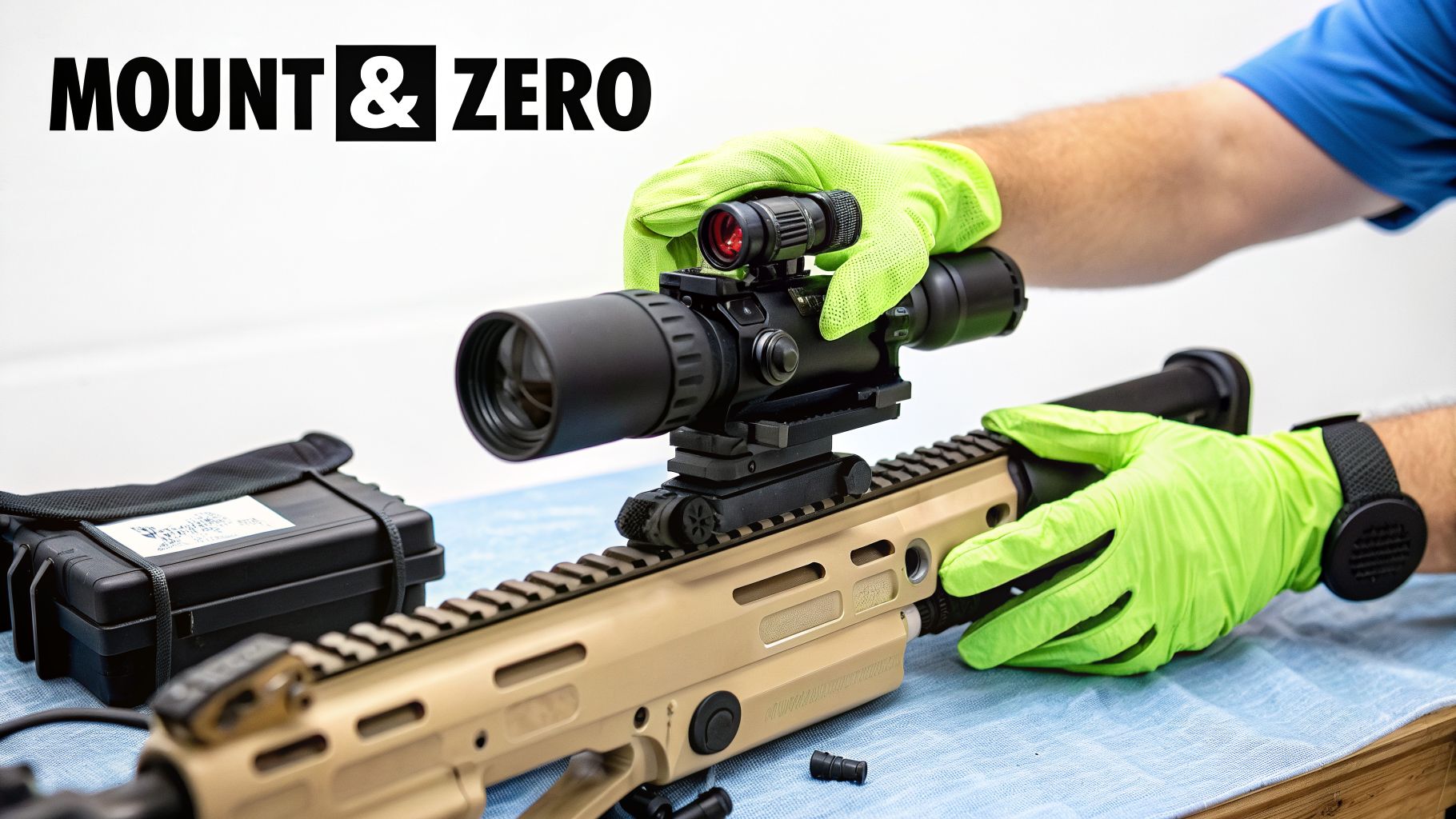 A person in neon green gloves mounts a rifle scope and a red dot sight onto a tan AR-style rifle.