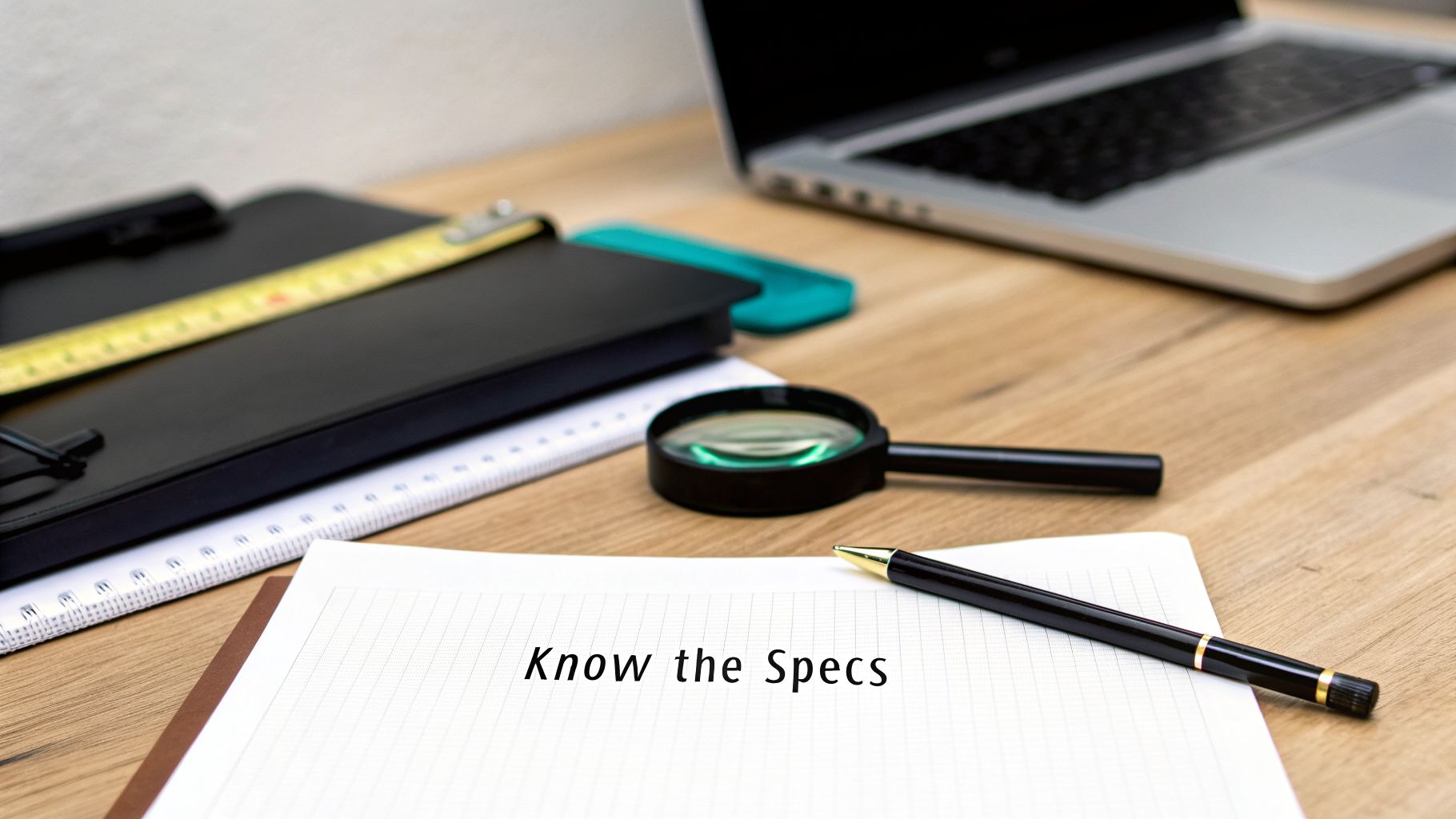 A desk with a notebook showing 'Know the Specs', a pen, magnifying glass, and laptop.