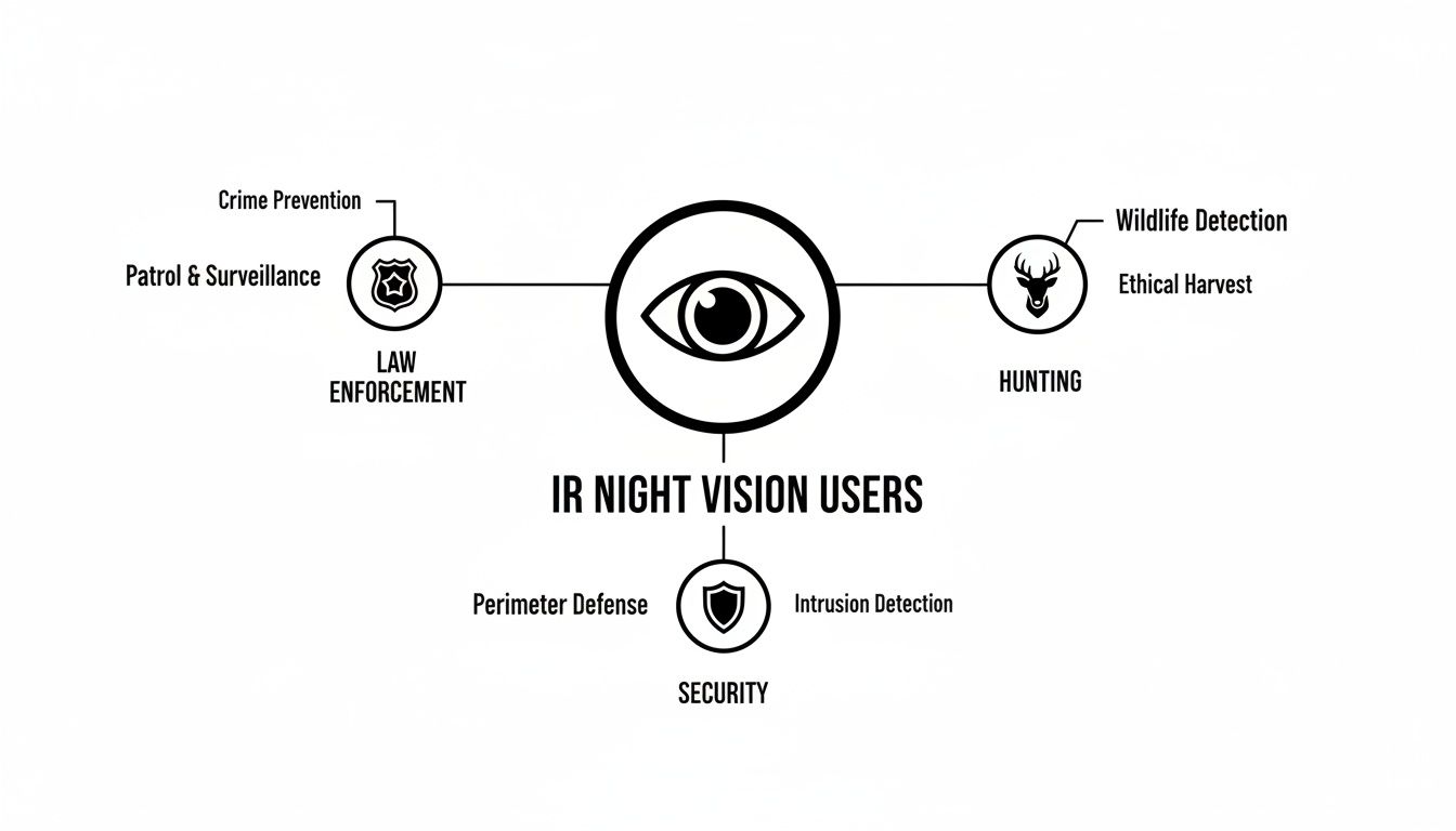 Diagram illustrating IR night vision users, including law enforcement, hunting, and security applications.
