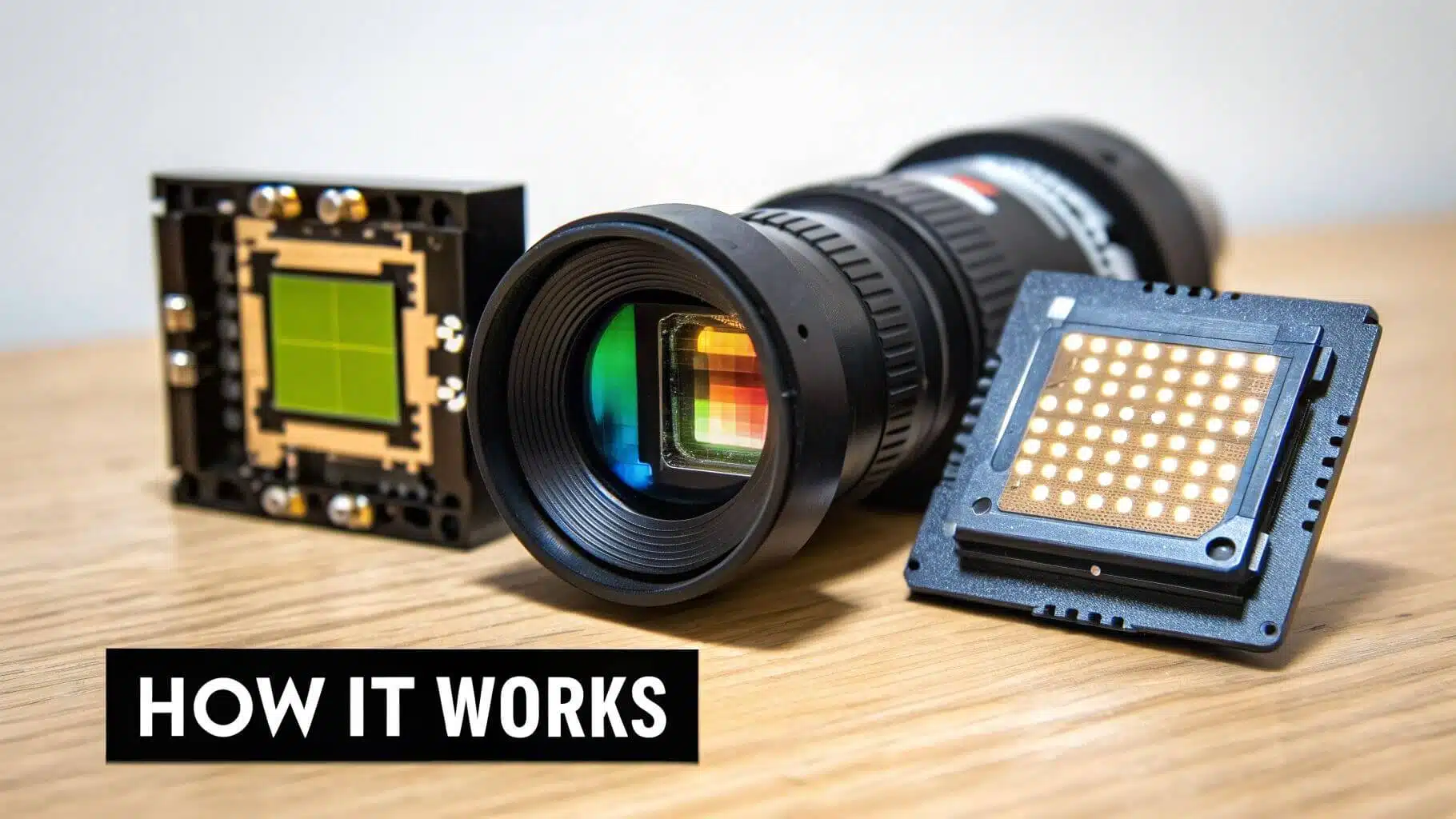 Close-up of camera components including various optical sensors, a lens, and an LED array.