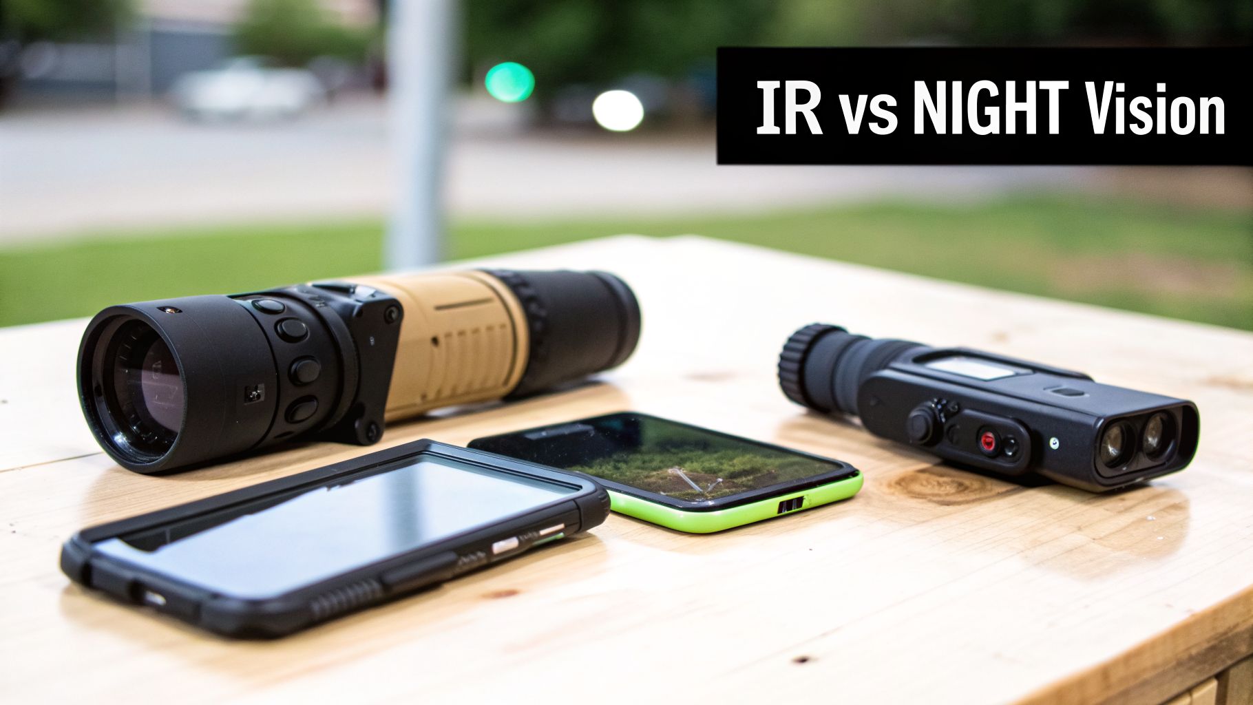 Comparison of two IR and night vision monoculars with smartphones on a wooden table.