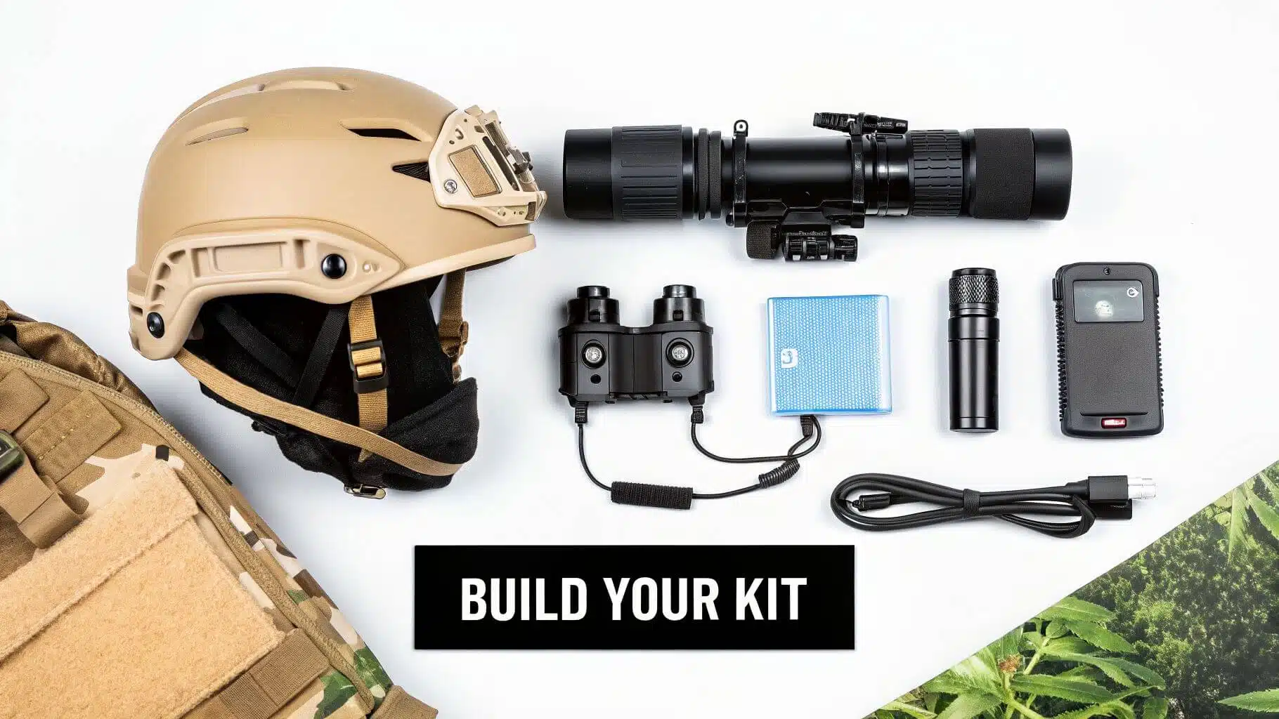 Tactical gear flat lay featuring night vision devices, helmet, and accessories on a white background.