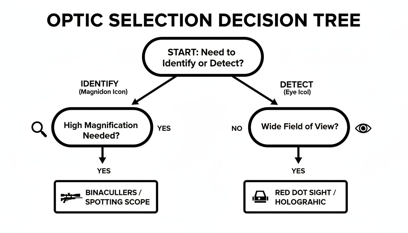 Decision tree diagram for optic selection based on identification, detection, magnification, and field of view.