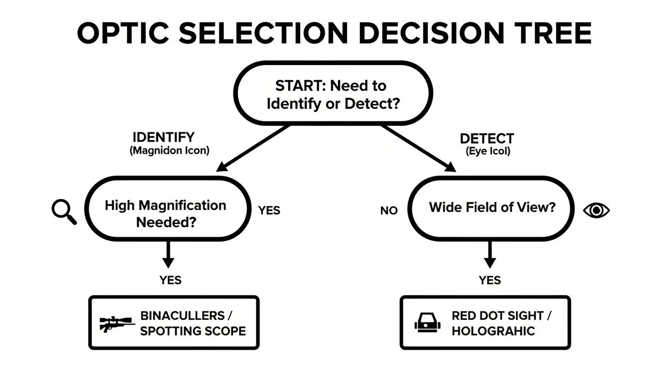 Decision tree diagram for optic selection based on identification, detection, magnification, and field of view.