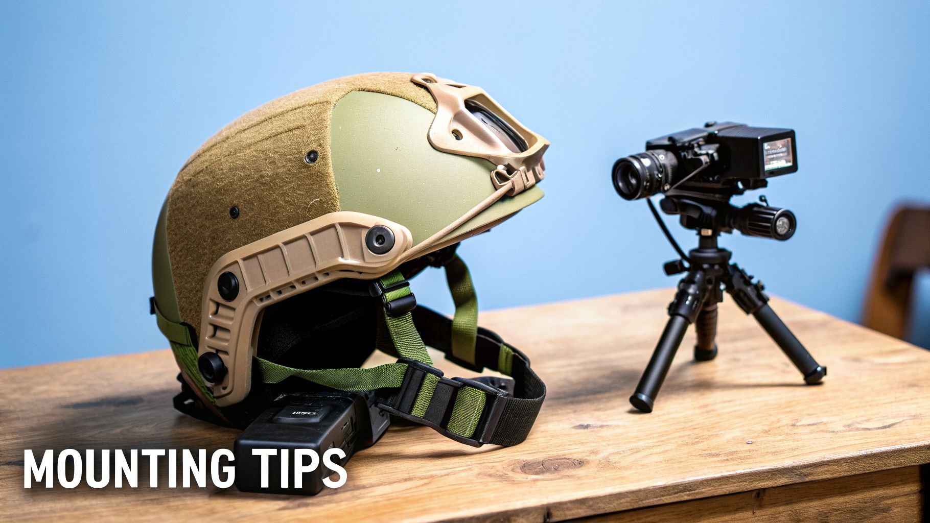 A tactical helmet and a camera with an LED IR light on a tripod, demonstrating mounting tips.