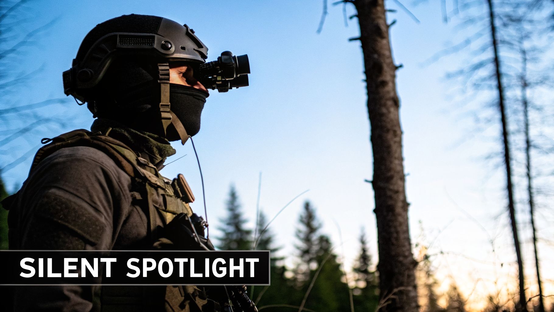 Tactical operative wearing a helmet and night vision goggles, observing a forest at twilight.
