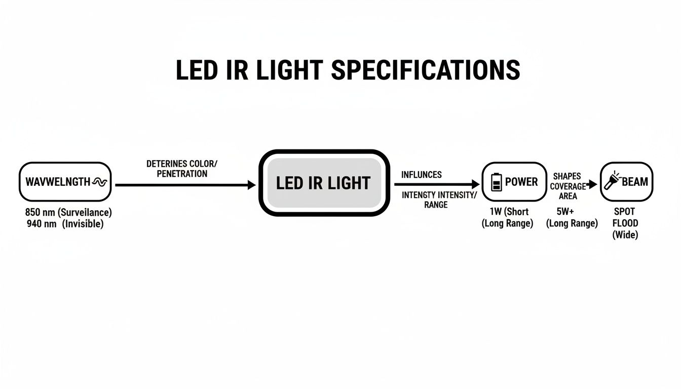 Diagram detailing LED IR light specifications, covering wavelength, power, and beam characteristics.