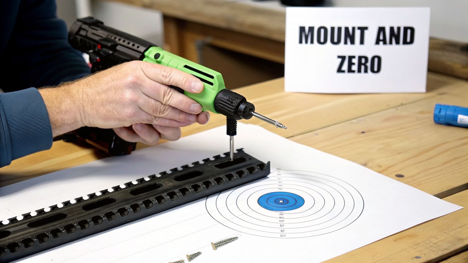 Hands use a green boresight tool to mount and zero a firearm accessory on a rail, with a target visible.