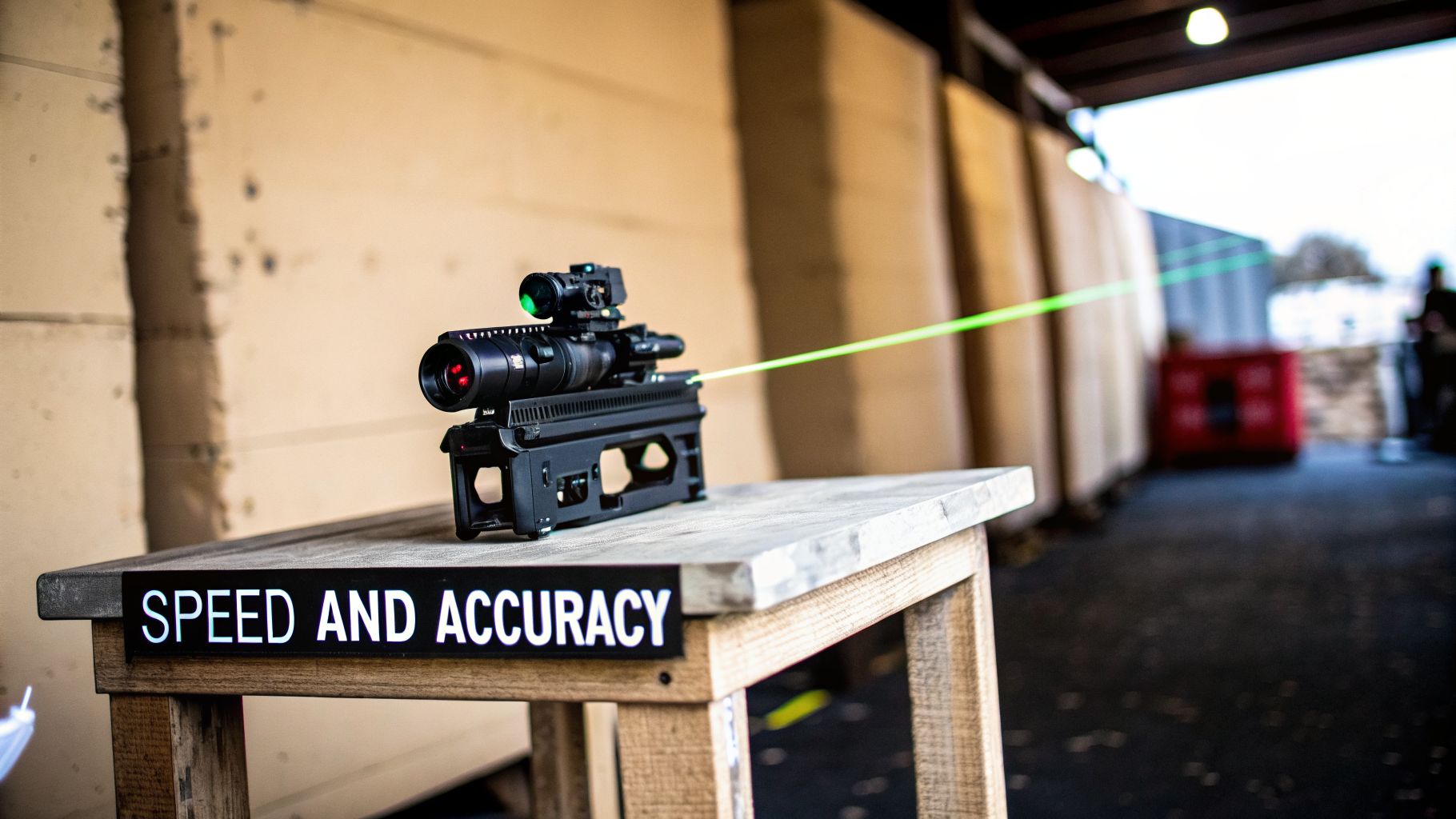 A black laser device with a scope and a green beam rests on a wooden table with a 'SPEED AND ACCURACY' sign.
