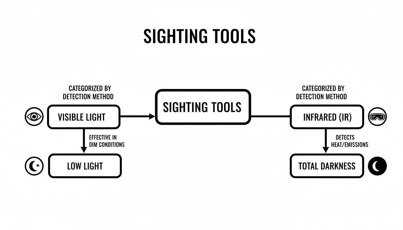 Flowchart explaining sighting tools categorized by visible light for low light and infrared for total darkness.