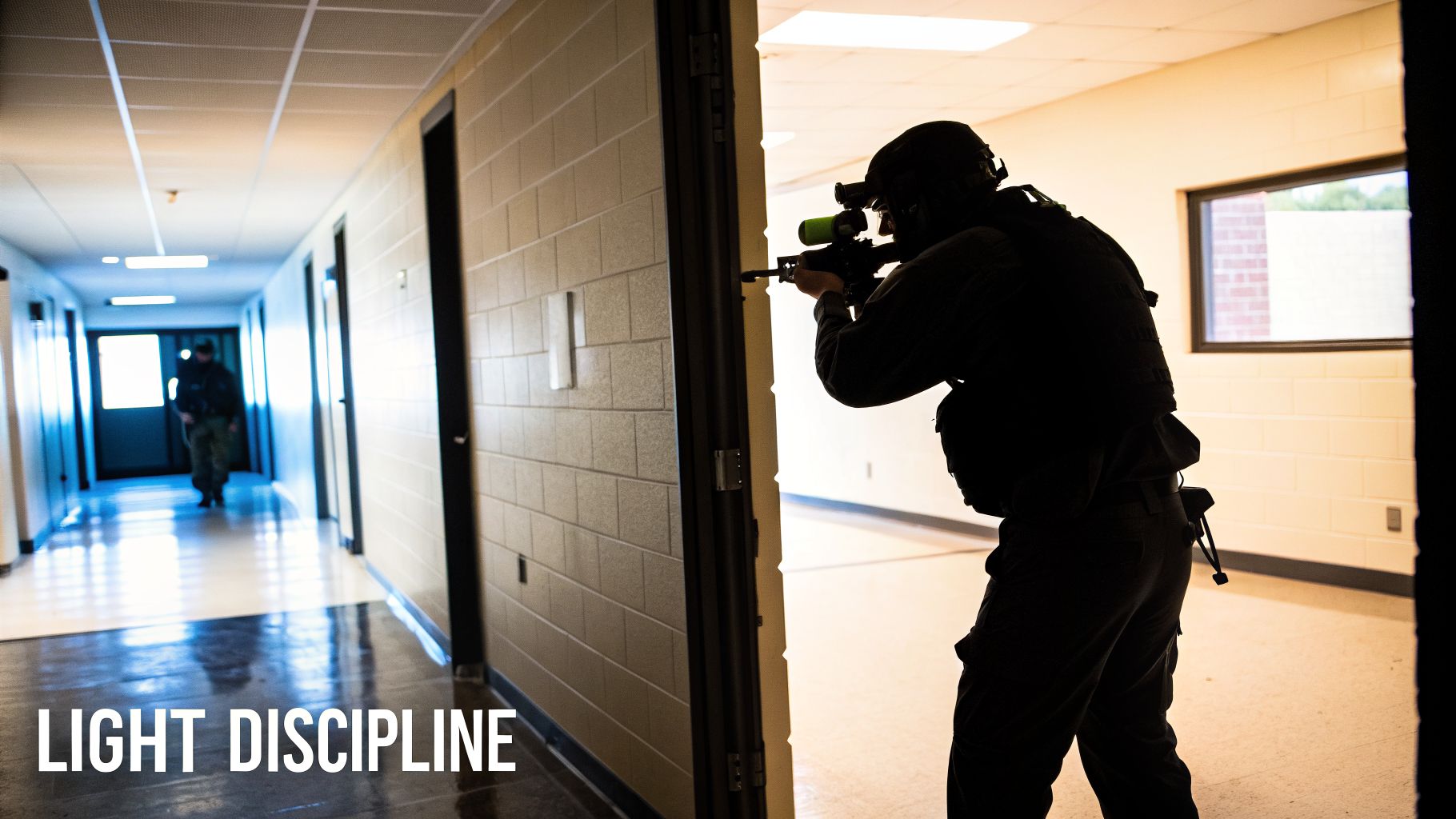 A tactical operator aims a rifle with a bright green scope from a doorway in a brightly lit hallway.