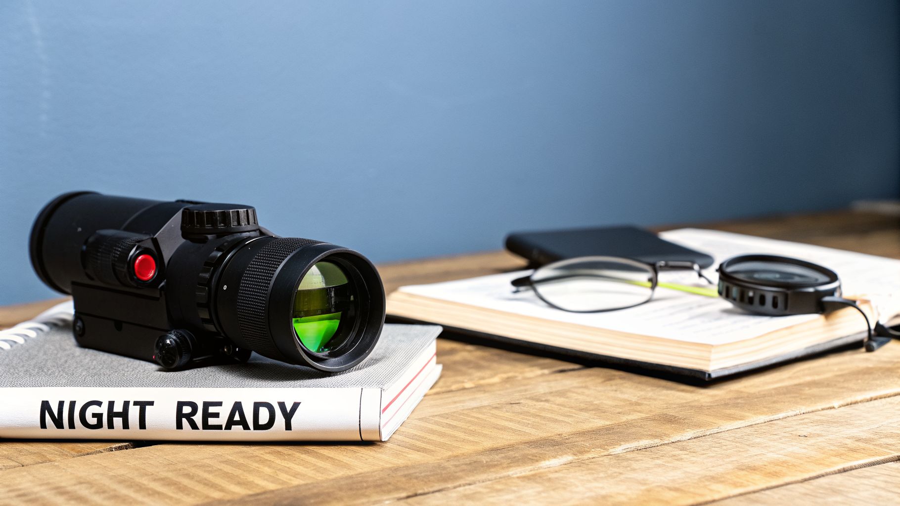 A black night vision scope rests on a 'NIGHT READY' book on a wooden desk.
