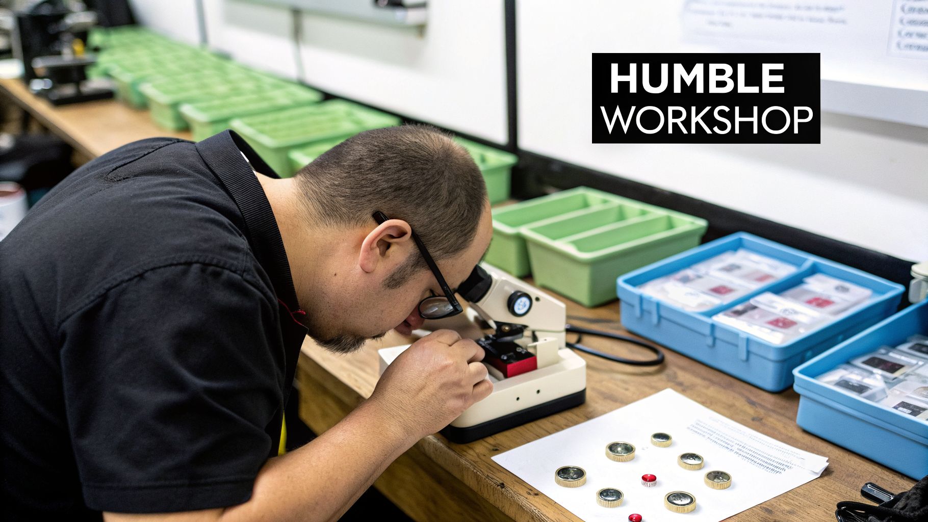 A worker carefully examines tiny parts under a microscope on a wooden workbench.