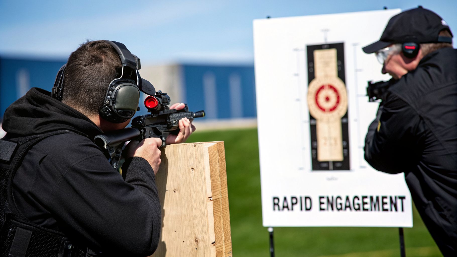 Two men at an outdoor shooting range practice with rifles, wearing ear protection and aiming at a target.