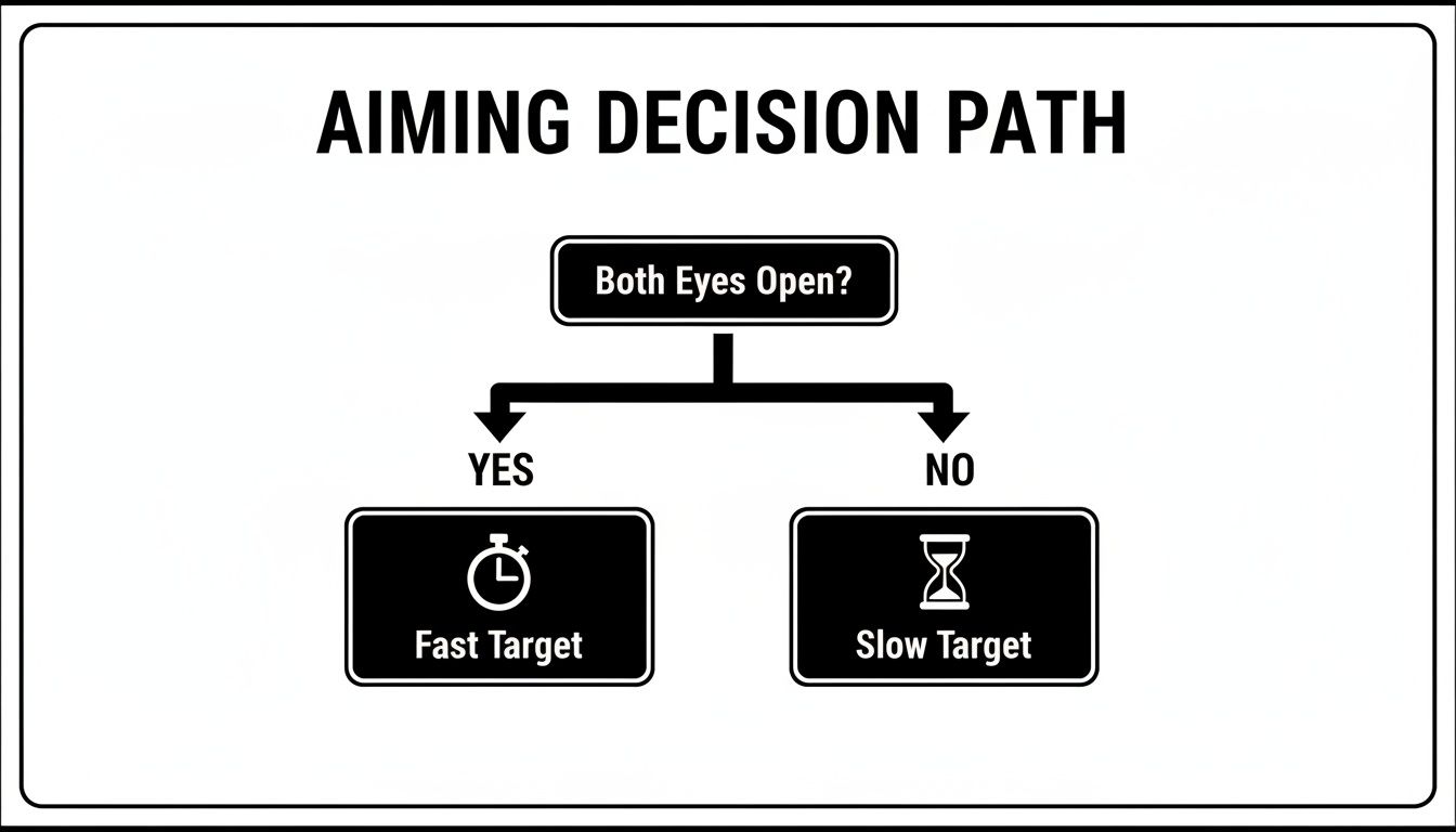 Flowchart outlining aiming decision path: 'Both Eyes Open?' leads to 'Fast Target' or 'Slow Target'.