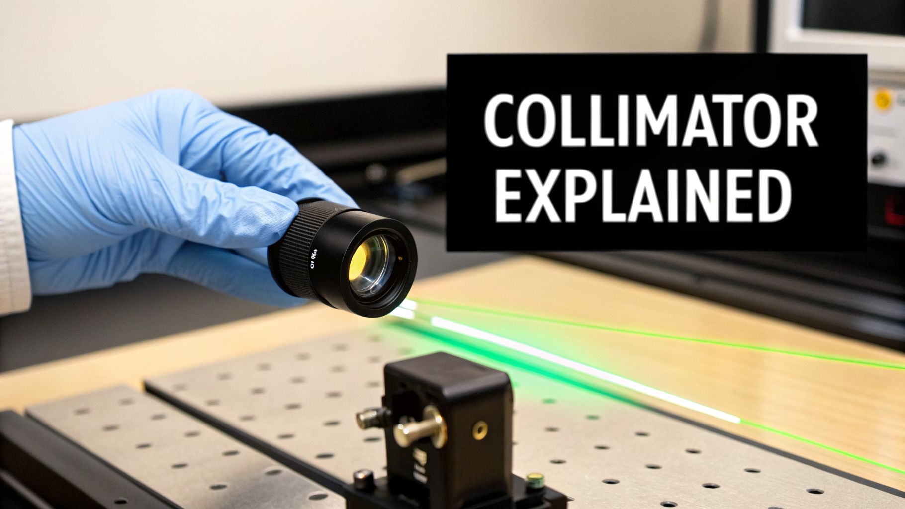 A scientist's gloved hand holds a collimator lens above a laser optics experimental setup.
