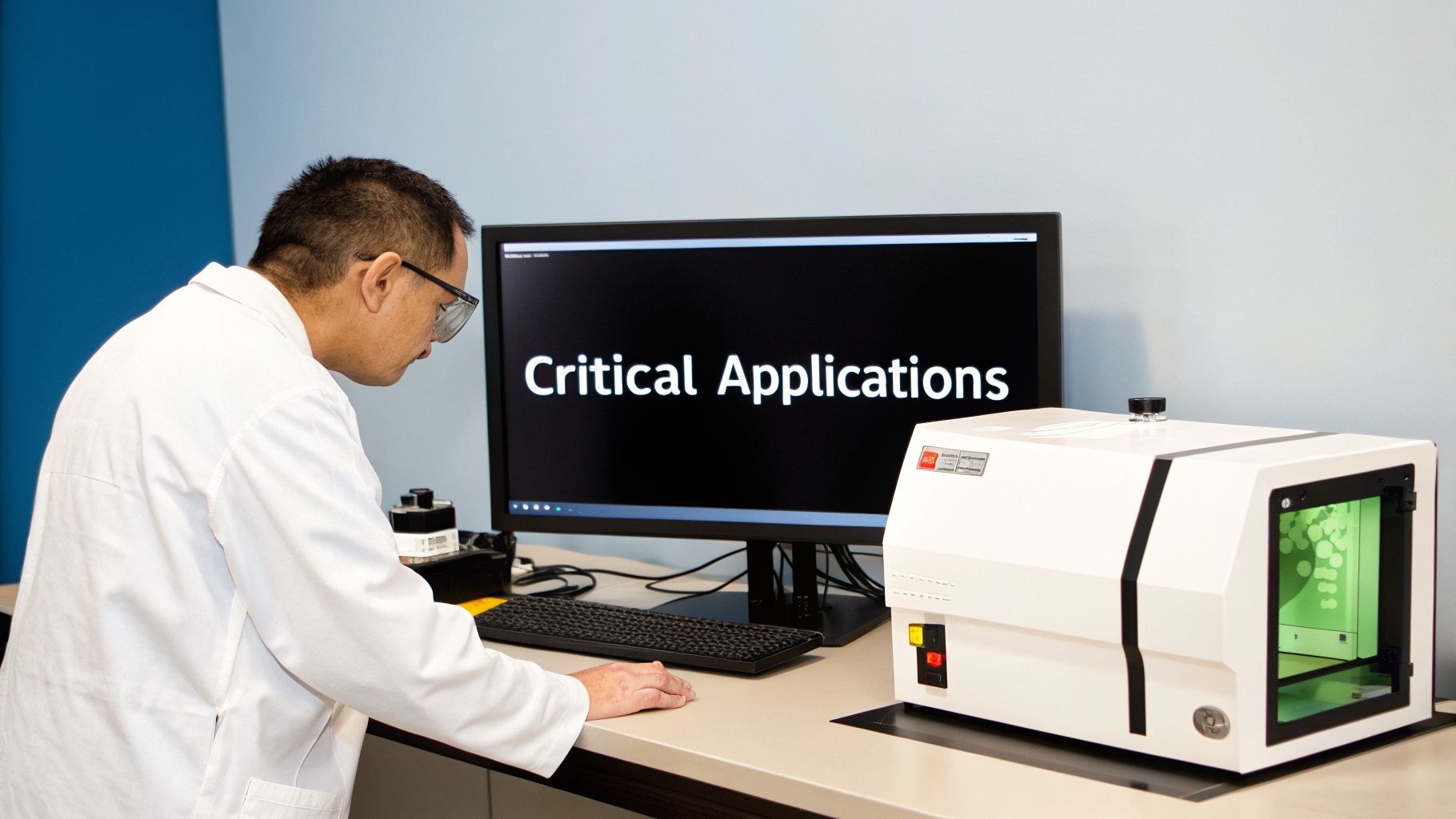 A scientist in a lab coat works at a computer with 'Critical Applications' on screen, next to lab equipment.