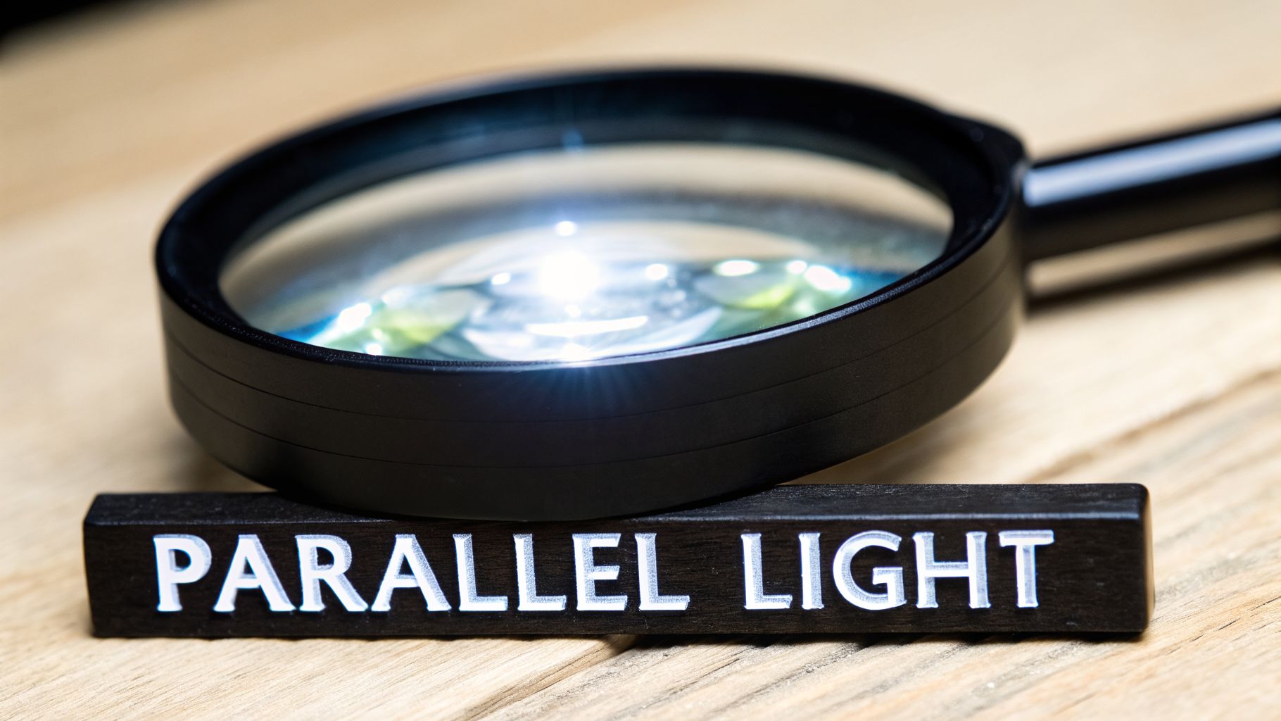 A magnifying glass rests on a black block displaying the text 'PARALLEL LIGHT' on a wooden surface.