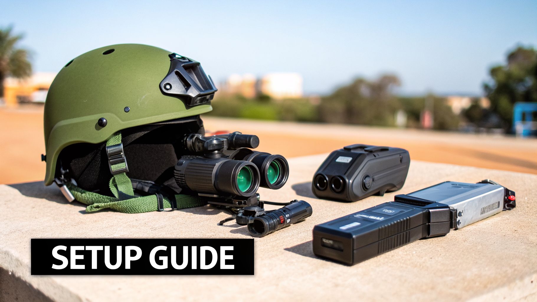 Tactical gear including a green helmet with night vision goggles, flashlight, and other devices laid out outdoors on concrete.