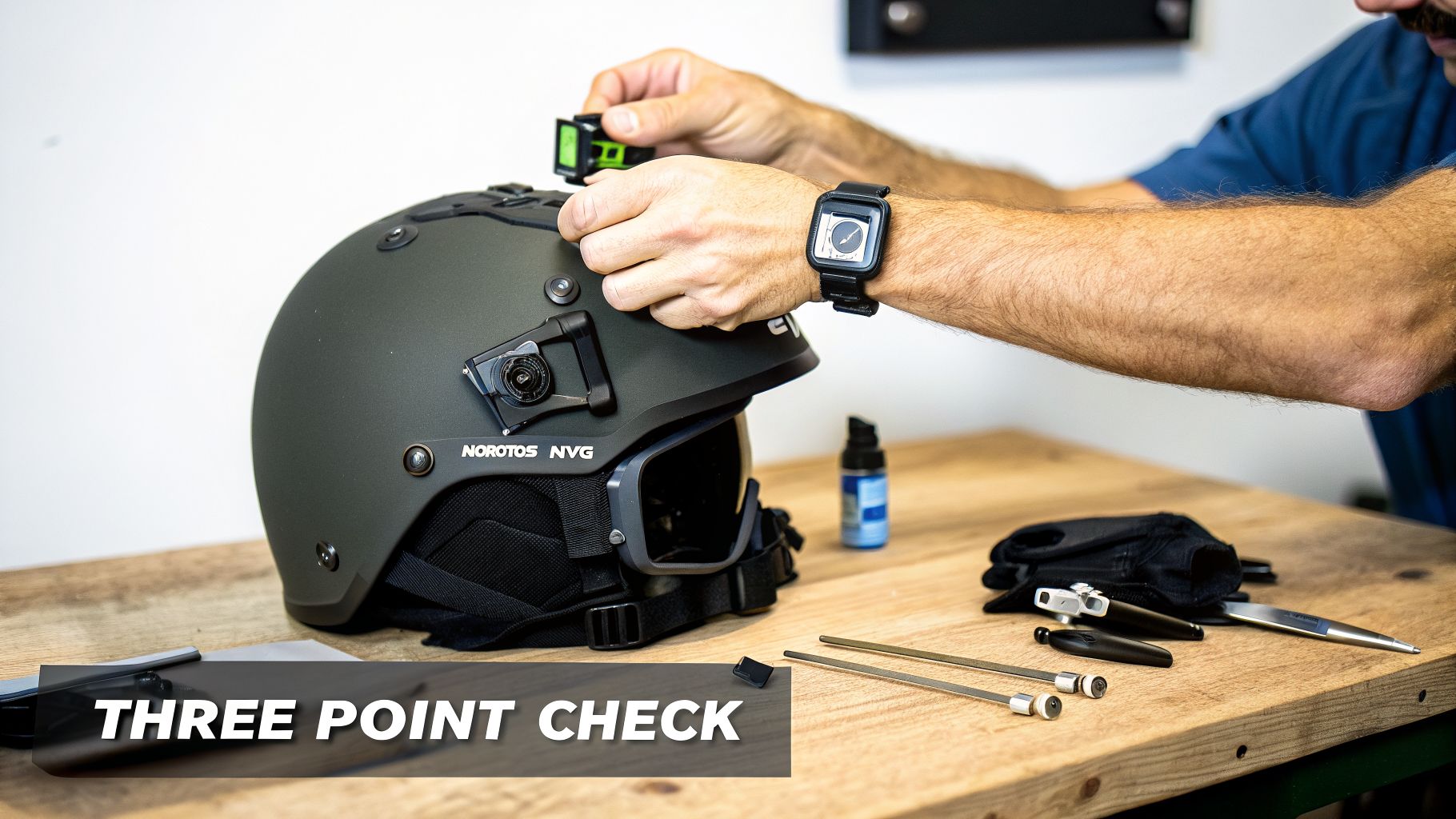 A person adjusts a green tactical helmet with a Norotos NVG mount on a wooden table, surrounded by tools.