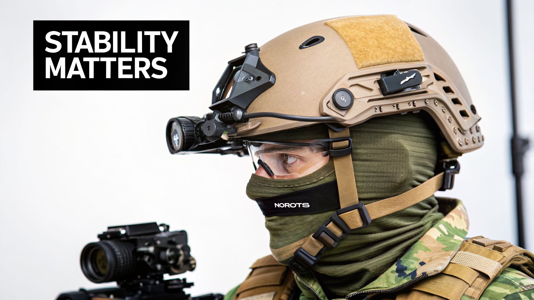 A person in tactical gear wearing a helmet with a Norotos NVG mount, safety glasses, and balaclava, with text 'STABILITY MATTERS'.