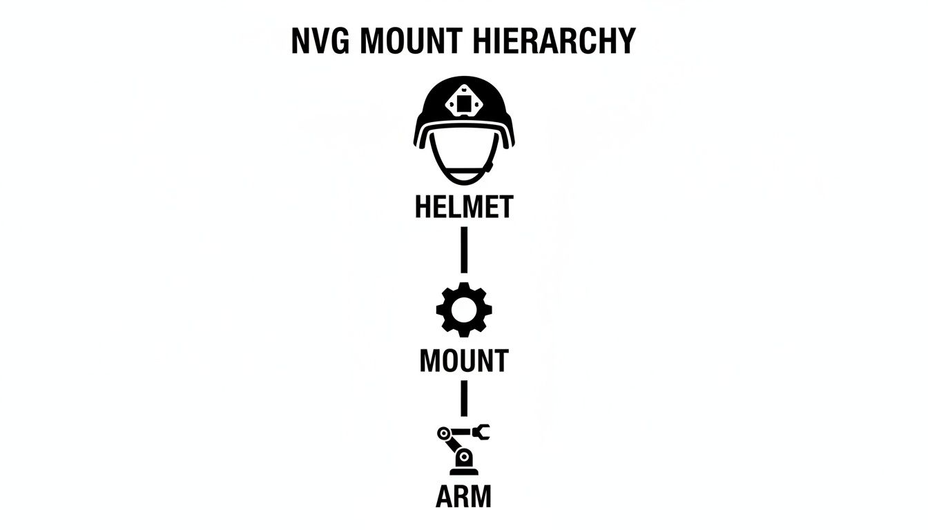A diagram illustrating the NVG mount hierarchy, connecting a helmet to a mount, then to an arm.