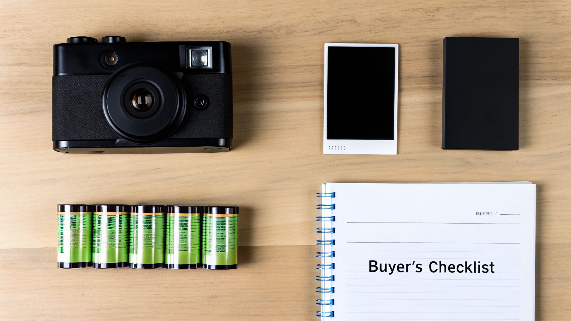 A flat lay displaying a black film camera, film rolls, instant photo, and a 'Buyer's Checklist' notebook on a wooden surface.