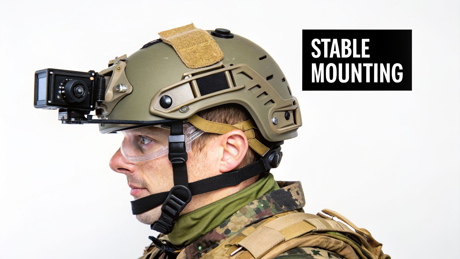 A man in a military helmet with a securely mounted camera, demonstrating stable mounting.