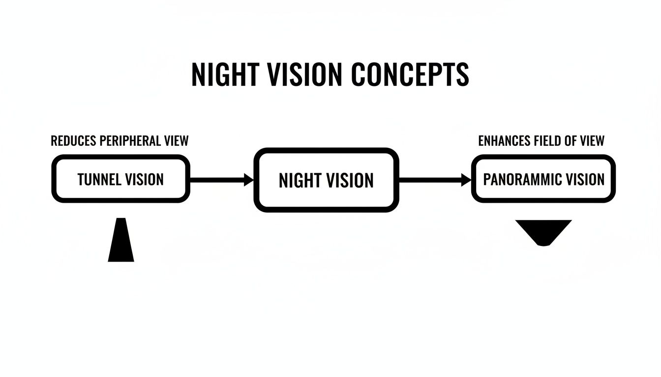 Diagram explaining night vision concepts: tunnel vision reduces peripheral view, panoramic vision enhances it.