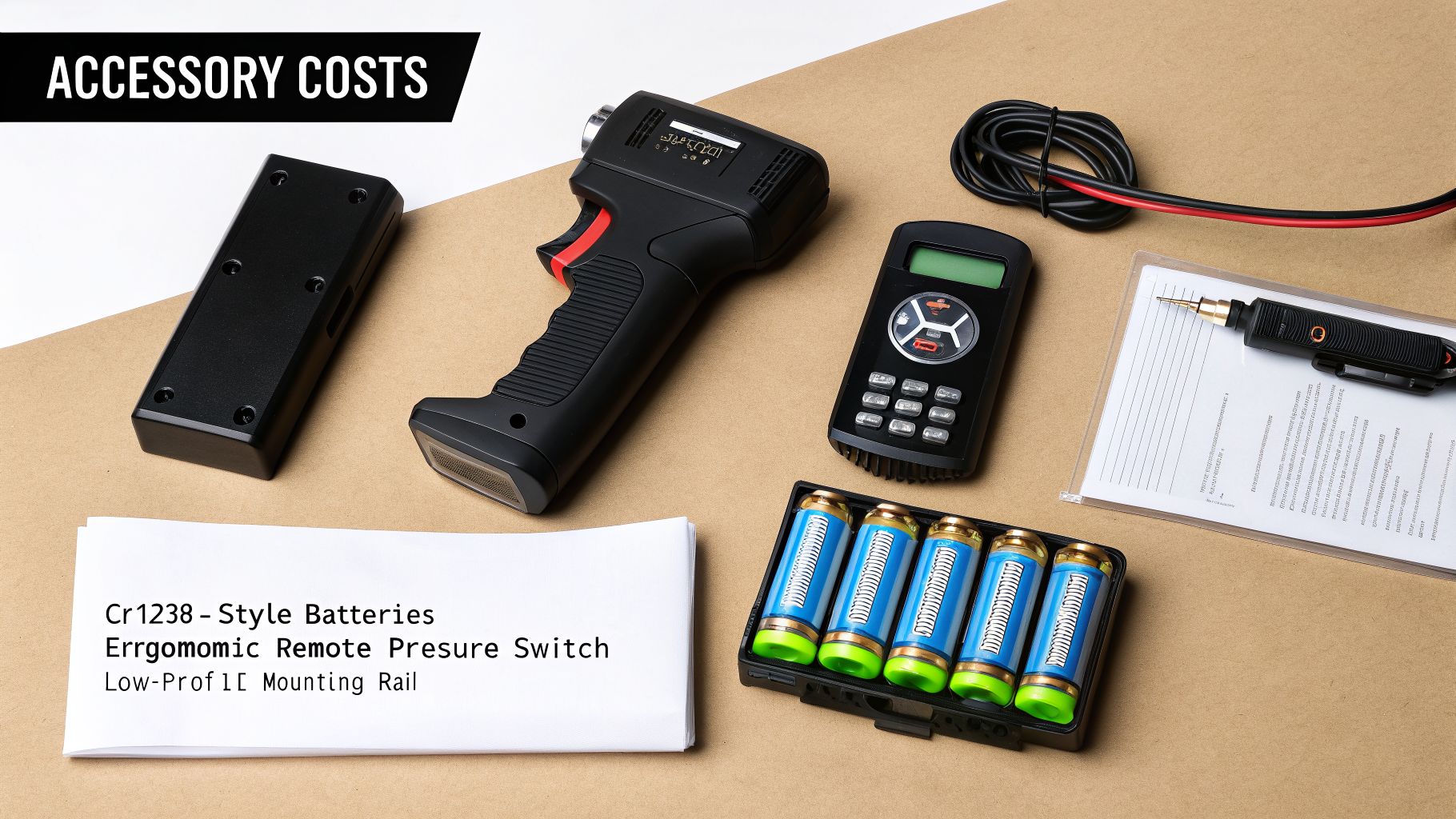 An assortment of black tactical accessories, CR123-style batteries, and electronic devices laid out.