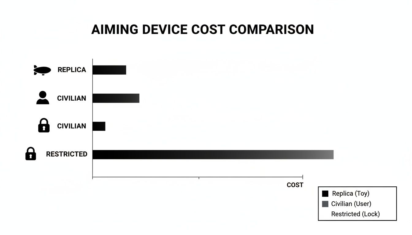 Horizontal bar chart comparing costs of replica, civilian, and restricted aiming devices.