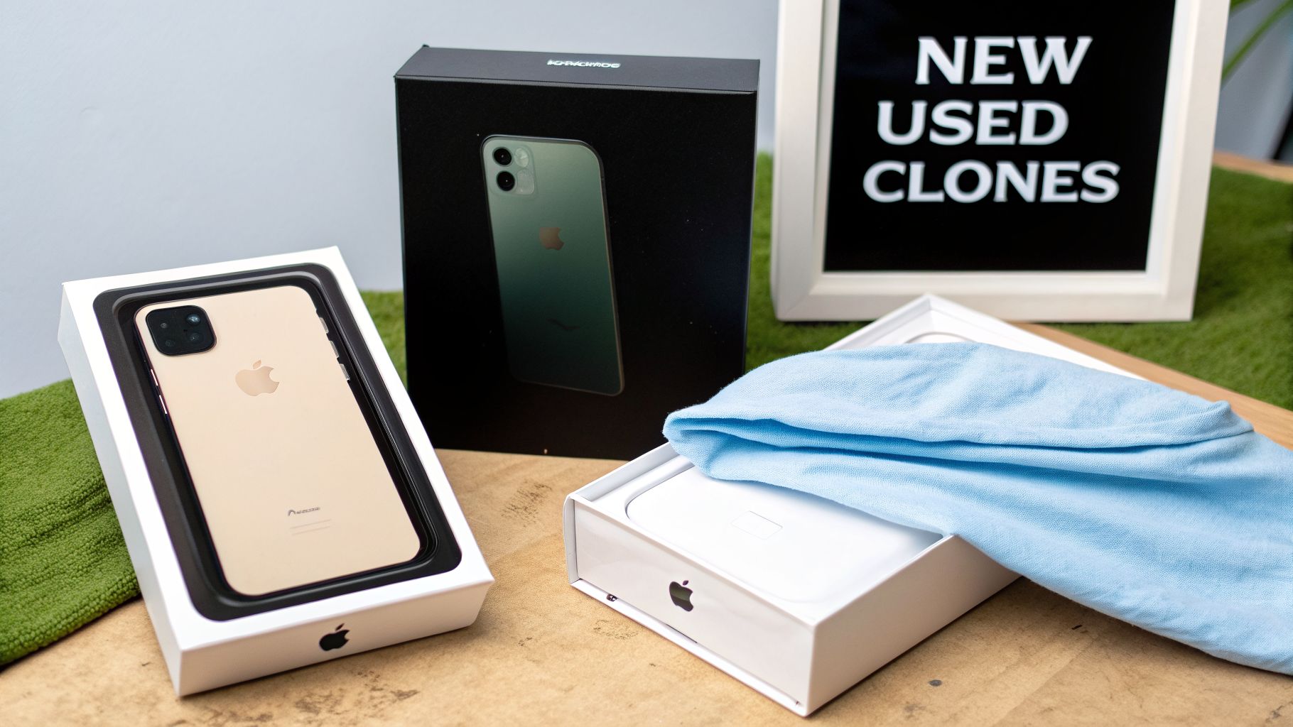 Several iPhone boxes, one open revealing a gold phone, are displayed with a 'NEW USED CLONES' sign.