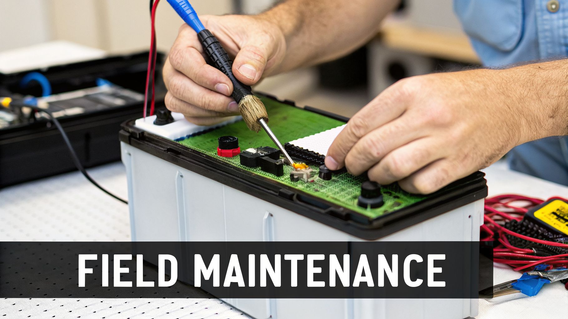 A person performs field maintenance, repairing a circuit board inside a battery pack with a specialized tool.